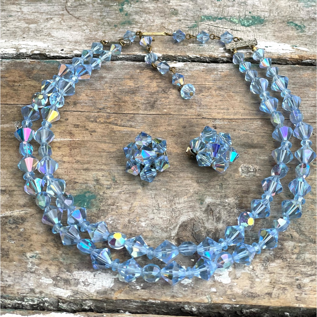 Vintage 1950-1960 Blue Crystal Necklace & Clip Earrings Set